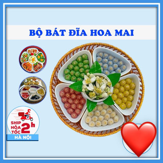 Bộ bát đĩa sứ hoa mai bát tràng - bát đựng gà, bát thuyền có đế cao cấp