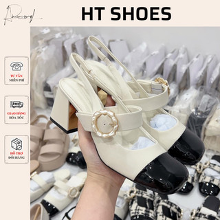 Giày sandal búp bê Cnk gót vuông cao 6cm quai đính hoa phối màu dễ phối đồ hack dáng hàng Fullbox mới 2023 #2187