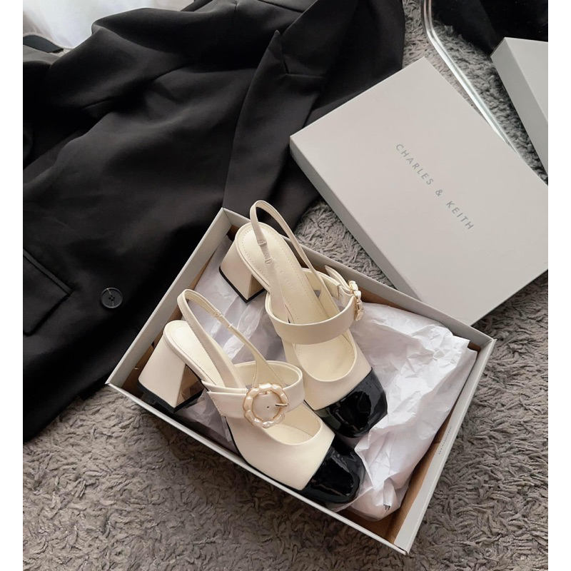 Giày sandal búp bê Cnk gót vuông cao 6cm quai đính hoa phối màu dễ phối đồ hack dáng hàng Fullbox mới 2023 G08