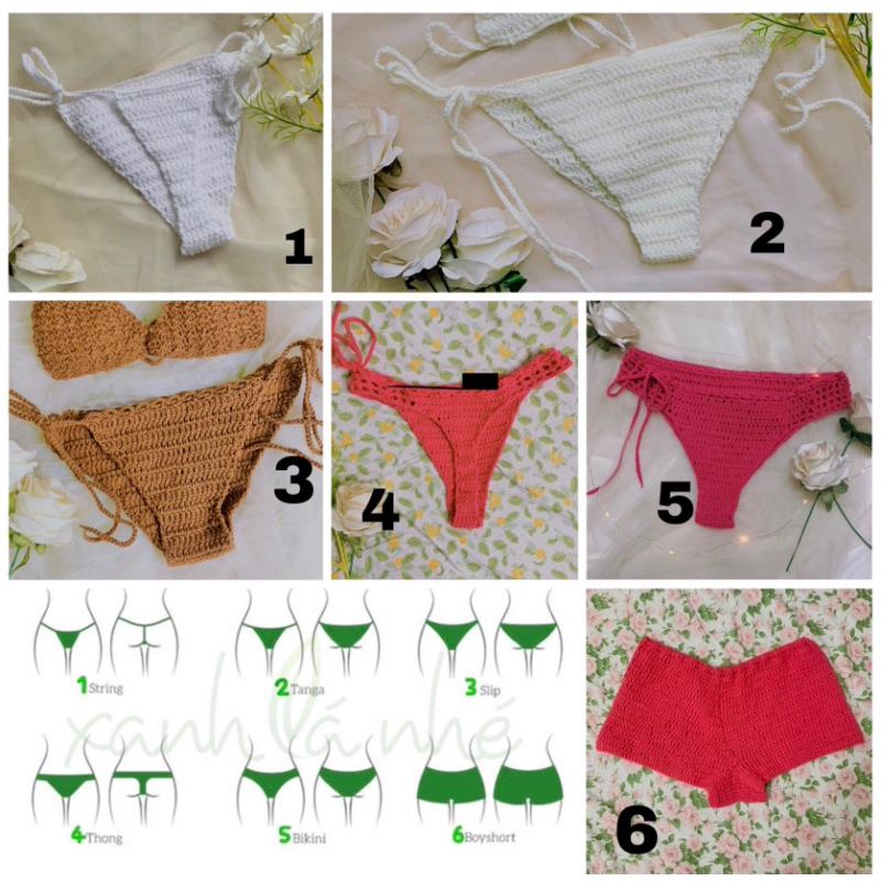 Set Bikini Caro Xanh Trắng, Bra Len Móc - xanhlanhes