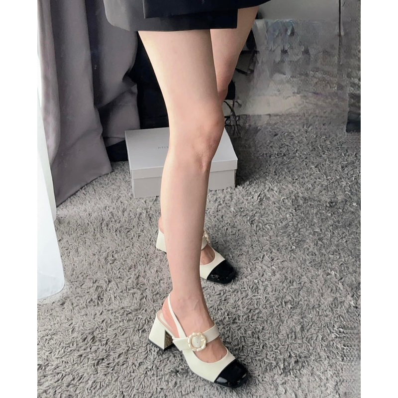 Giày sandal búp bê Cnk gót vuông cao 6cm quai đính hoa phối màu dễ phối đồ hack dáng hàng Fullbox mới 2023 G08