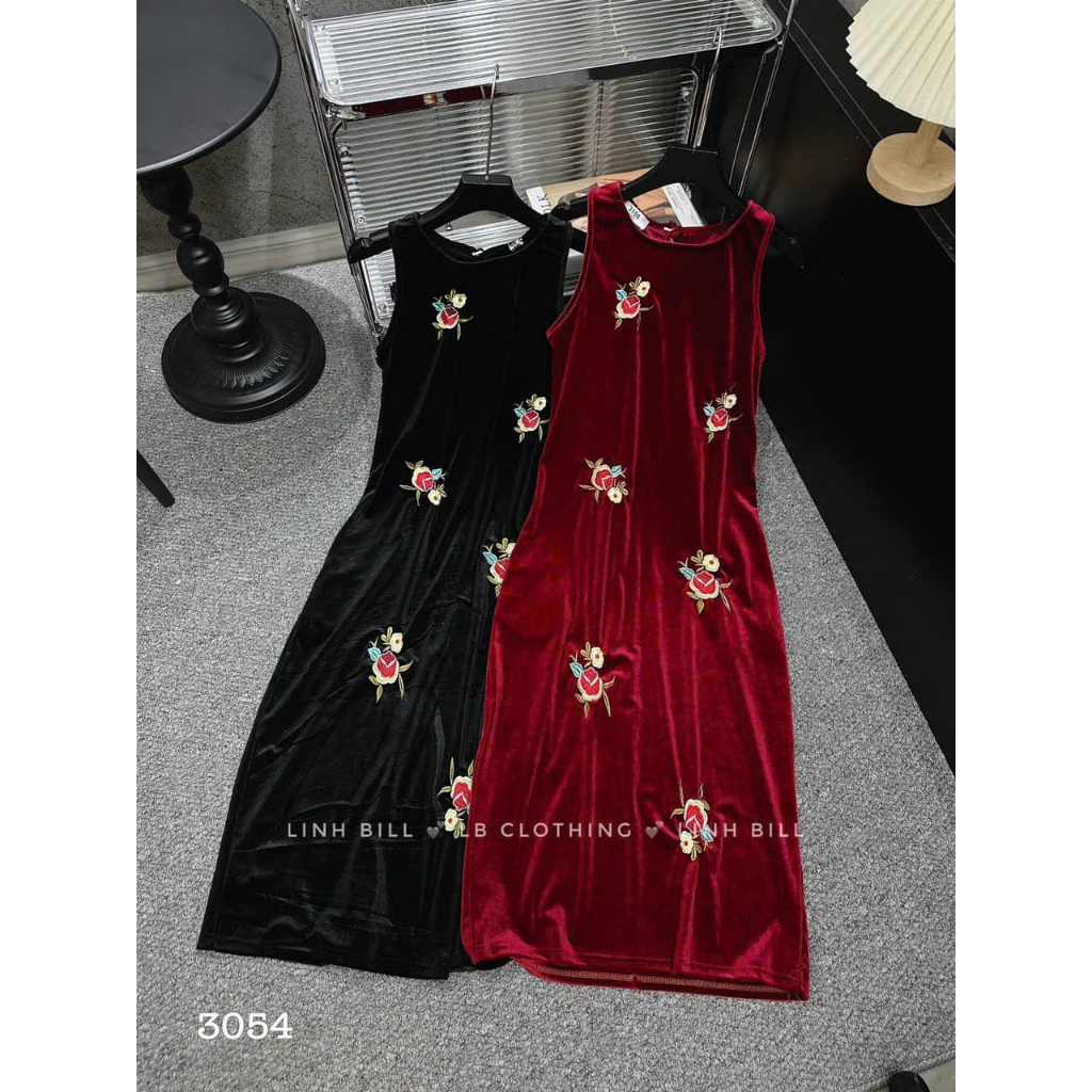 Váy nhung thêu hoa sát nách suông 2 dáng dài 2 màu