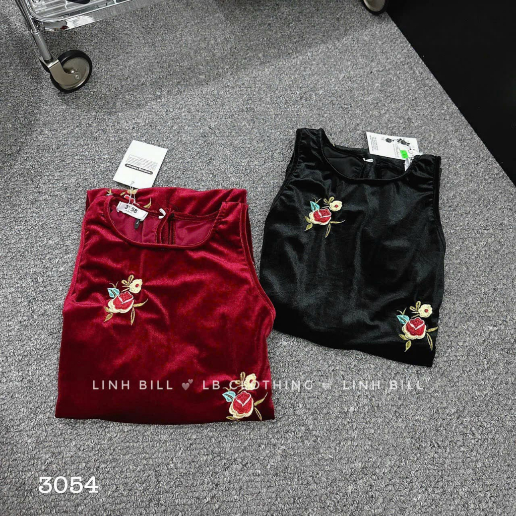 Váy nhung thêu hoa sát nách suông 2 dáng dài 2 màu