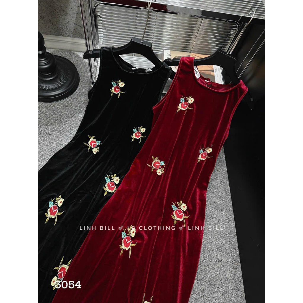 Váy nhung thêu hoa sát nách suông 2 dáng dài 2 màu