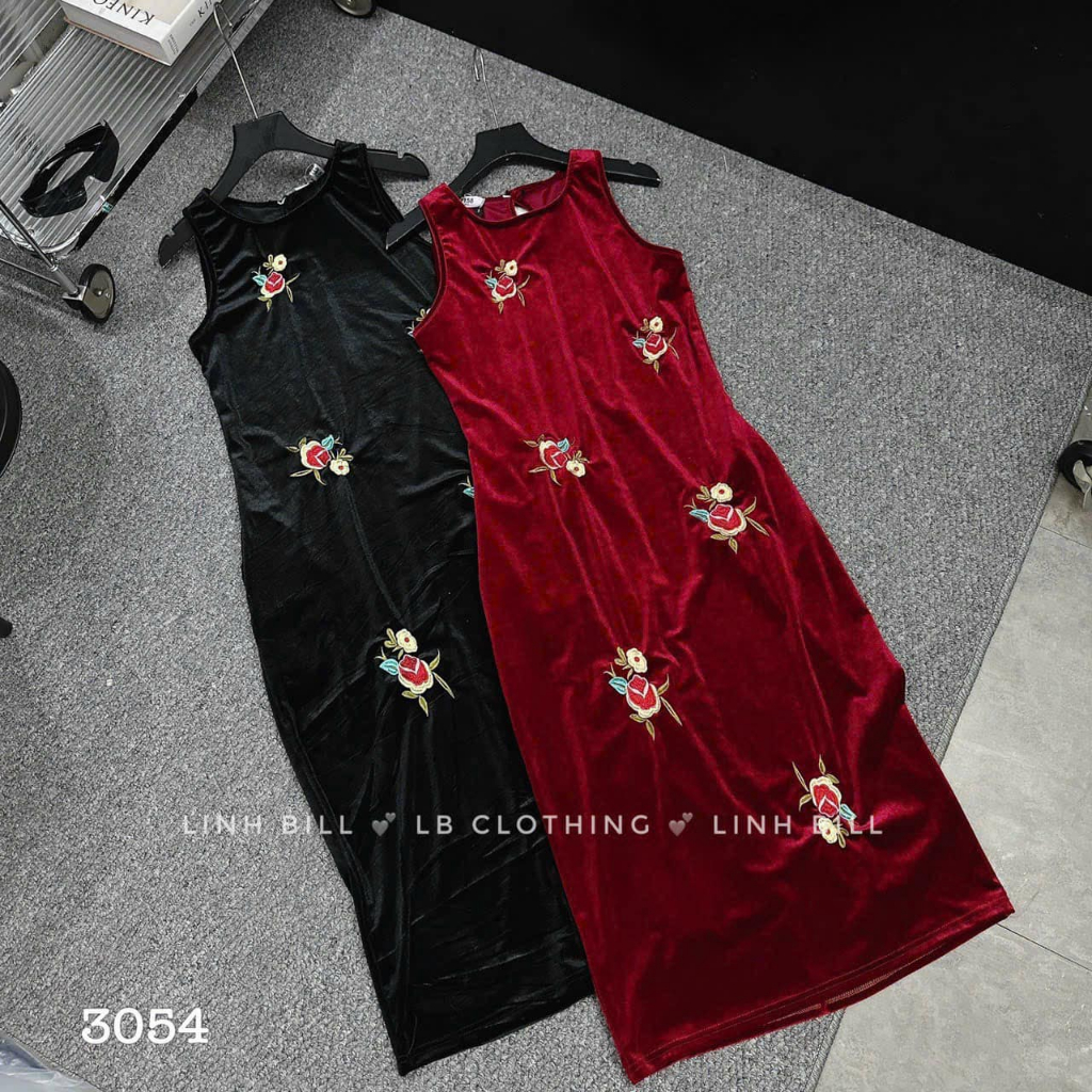 Váy nhung thêu hoa sát nách suông 2 dáng dài 2 màu