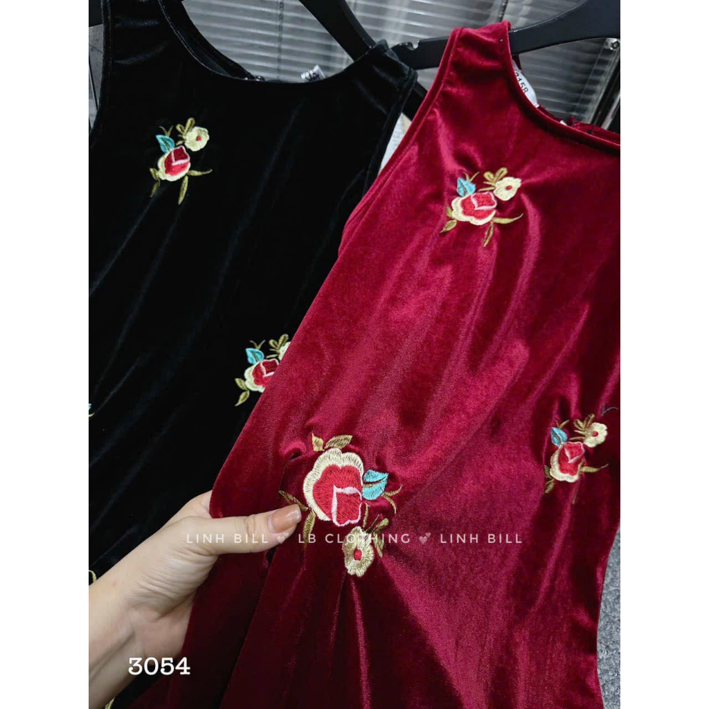 Váy nhung thêu hoa sát nách suông 2 dáng dài 2 màu