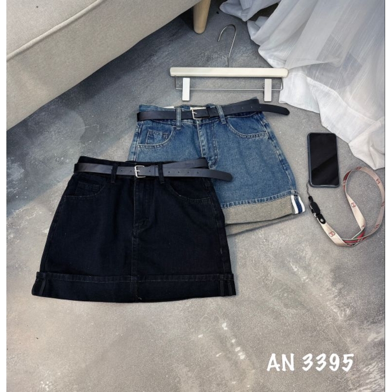 Chân váy jeans gập gấu kèm đai hàng QCL1