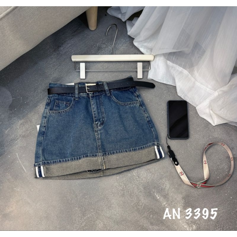 Chân váy jeans gập gấu kèm đai hàng QCL1