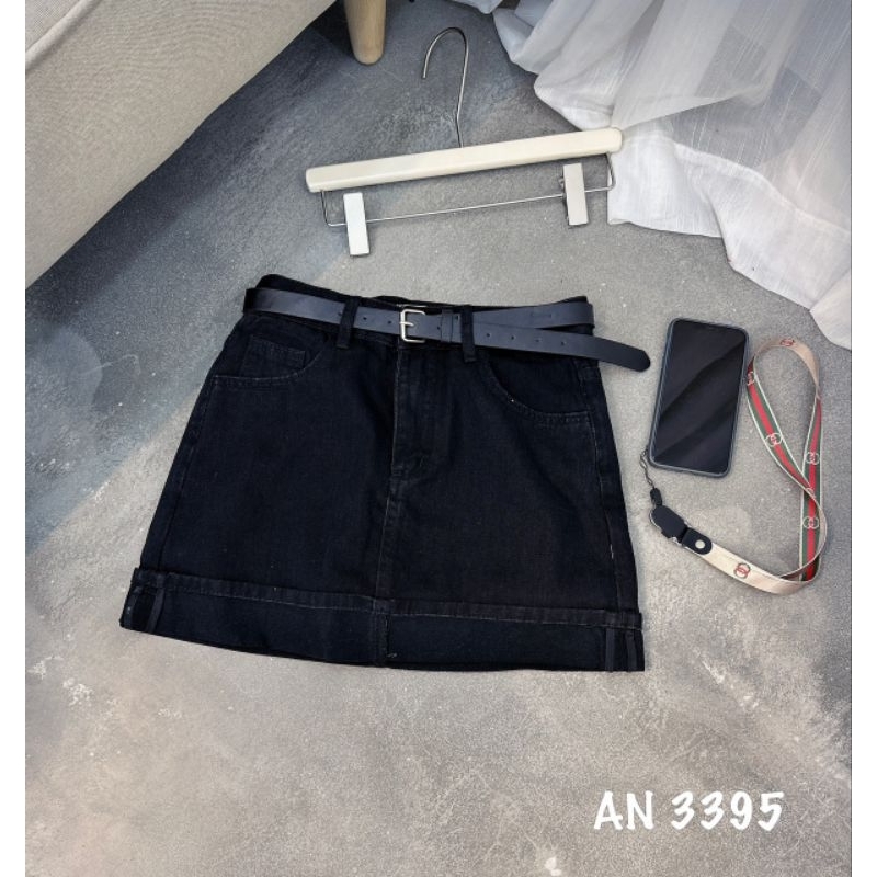 Chân váy jeans gập gấu kèm đai hàng QCL1