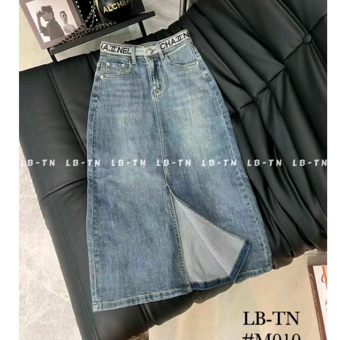 Chân váy jeans dài chữ X xẻ trước hàng QC L1