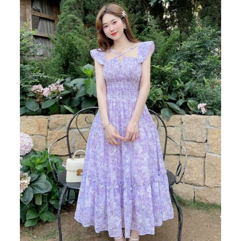 🛍Đầm váy nữ 🛍Đầm tím tay cánh tiên cổ áo vạt chéo nhún eo thân trước thân sau,váy dáng dài midi xinh xắn,váy dự tiệc