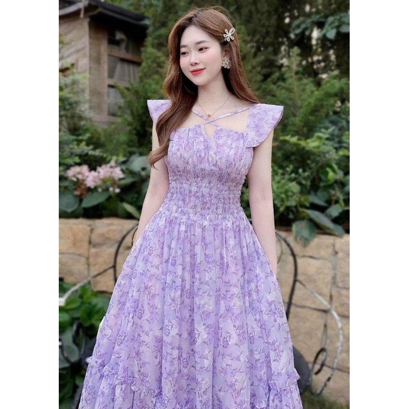 🛍Đầm váy nữ 🛍Đầm tím tay cánh tiên cổ áo vạt chéo nhún eo thân trước thân sau,váy dáng dài midi xinh xắn,váy dự tiệc