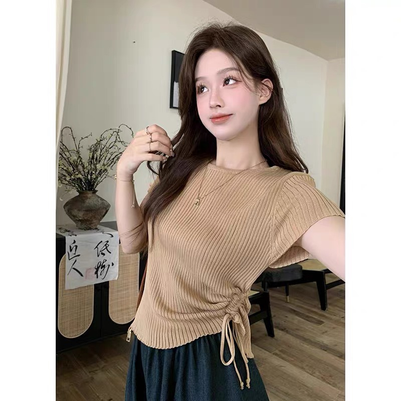 Áo len ngắn tay rút dây eo hàng quảng châu -Chuẩn ảnh -Xoaistore