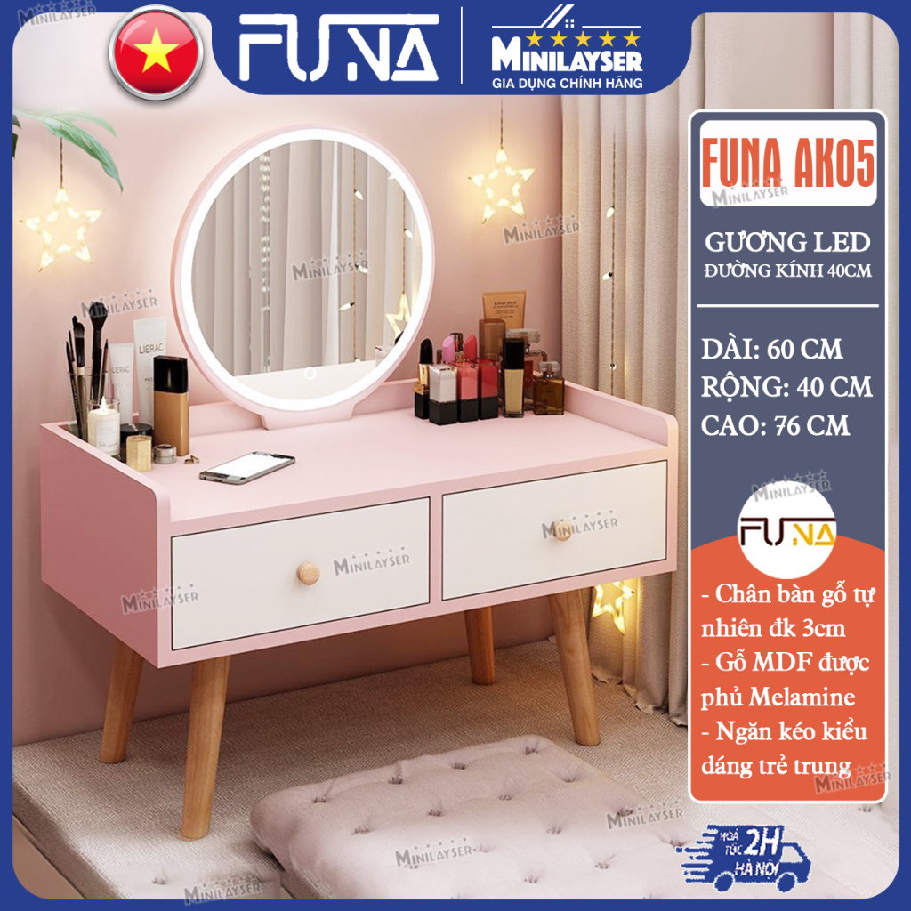 Bàn trang điểm ngồi bệt có gương viền Led FUNA AK05 mặt gỗ MDF 4 chân tròn cao cấp hiện đại màu trắng hồng nhỏ gọn