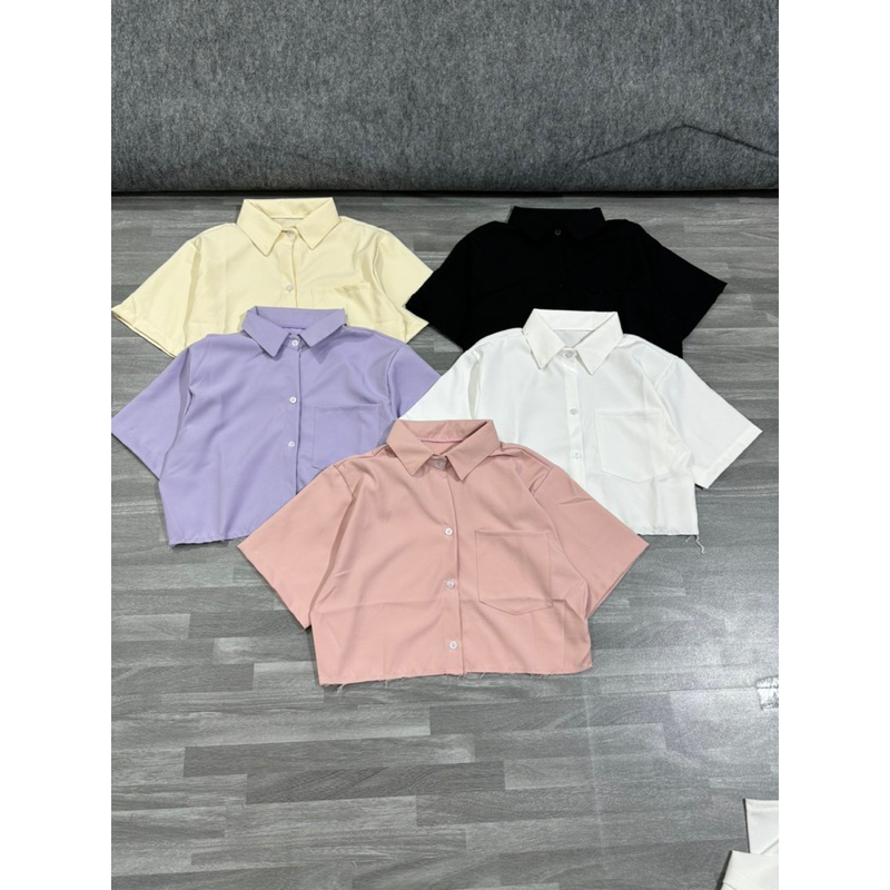 Áo sơ mi nữ from croptop phối túi chất vải KT dày dặn nhiều màu xinh