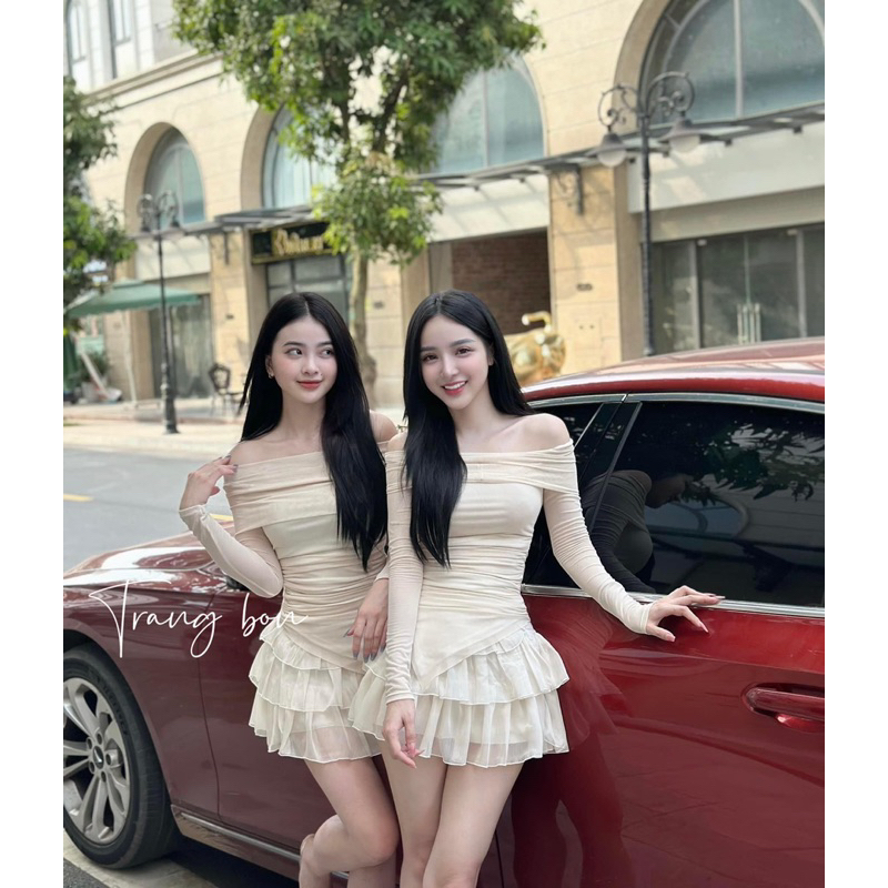 Set áo lưới trễ vai chân váy tơ tầng tiểu thư