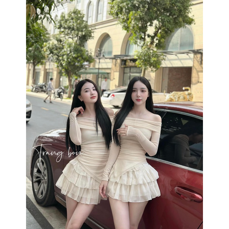 Set áo lưới trễ vai chân váy tơ tầng tiểu thư