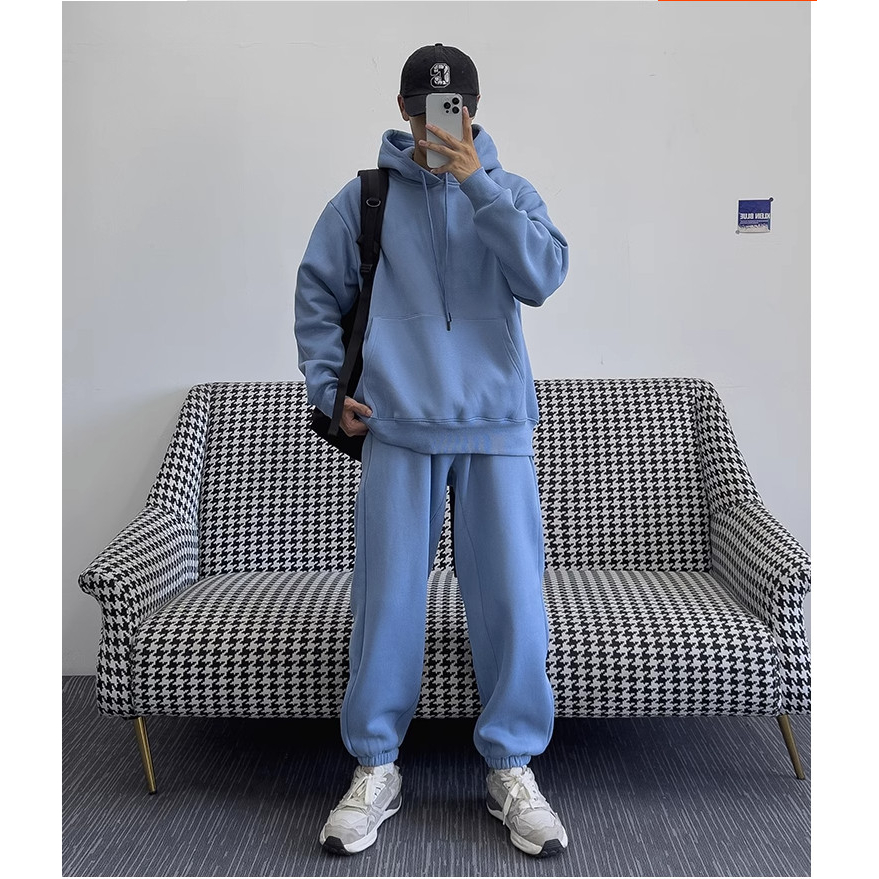 Bộ Hoodie Thể Thao Trơn Phối Mũ 2 Lớp Đơn Giản Fom Thụng Chất Liệu Nỉ Ngoại Mềm Mịn Thấm Hút Mồ Hôi Cực Tốt