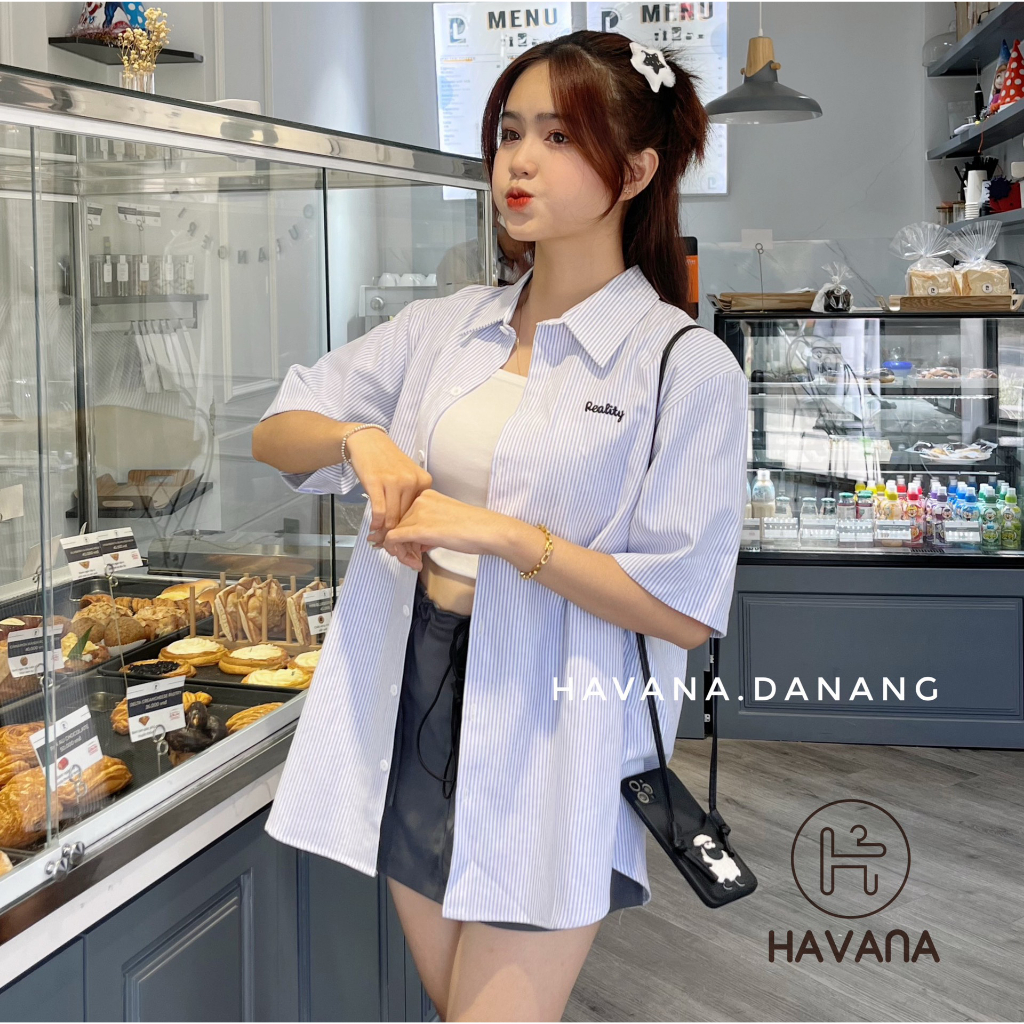 Áo sơ mi thêu chữ reality kẻ sọc, áo sơ mi form rộng ae915
