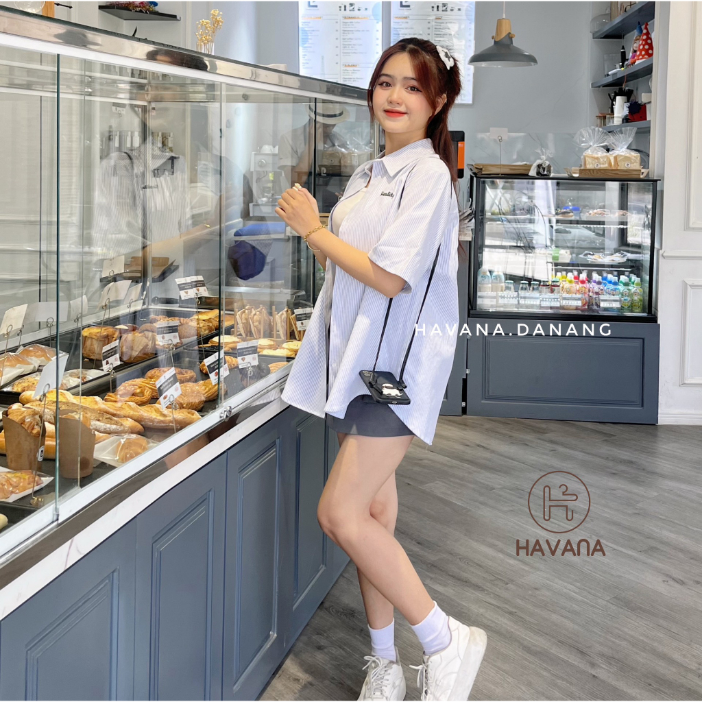 Áo sơ mi thêu chữ reality kẻ sọc, áo sơ mi form rộng ae915