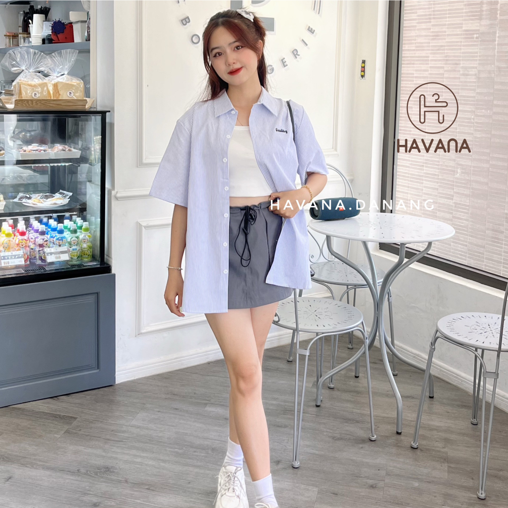 Áo sơ mi thêu chữ reality kẻ sọc, áo sơ mi form rộng ae915