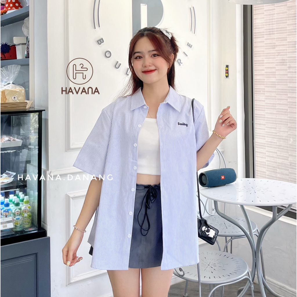 Áo sơ mi thêu chữ reality kẻ sọc, áo sơ mi form rộng ae915