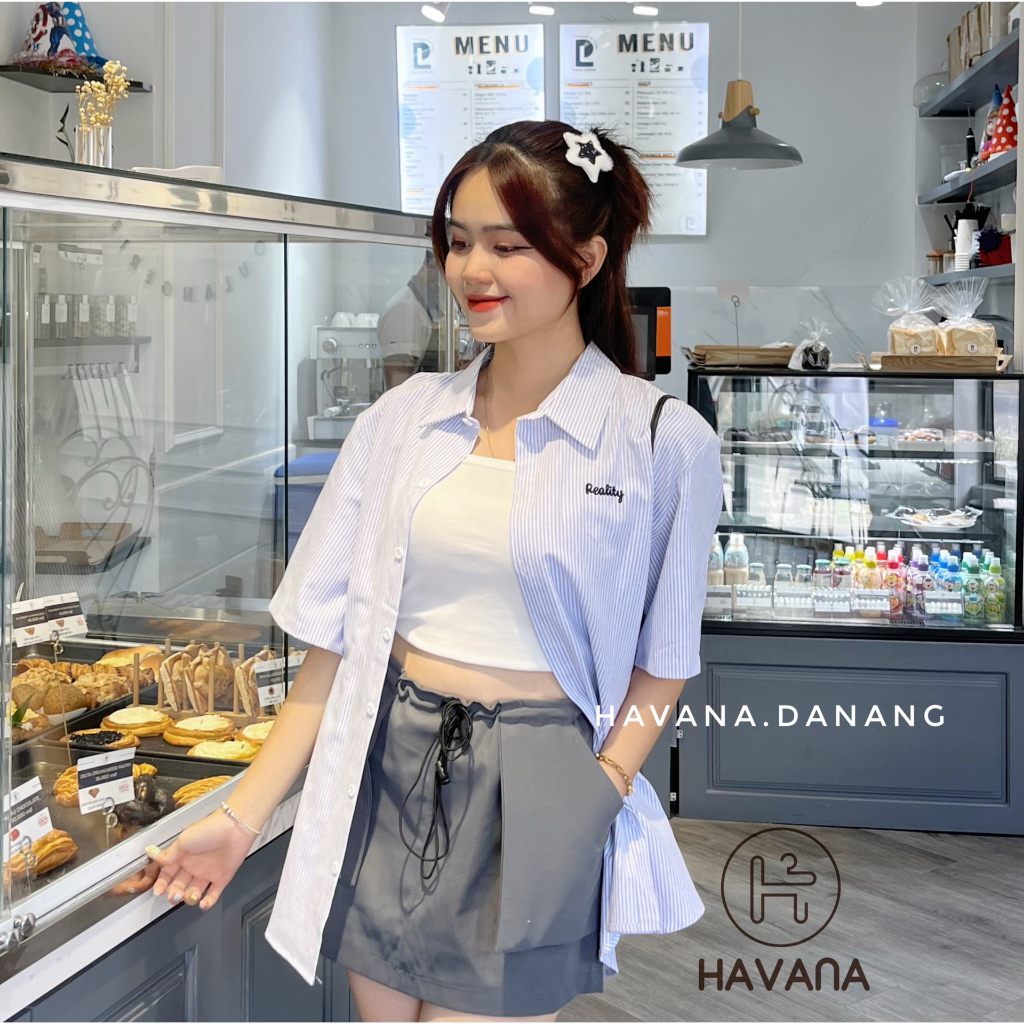 Áo sơ mi thêu chữ reality kẻ sọc, áo sơ mi form rộng ae915