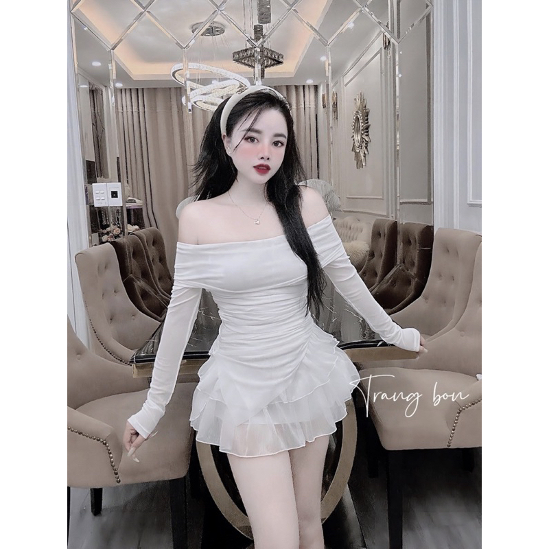 Set áo lưới trễ vai chân váy tơ tầng tiểu thư