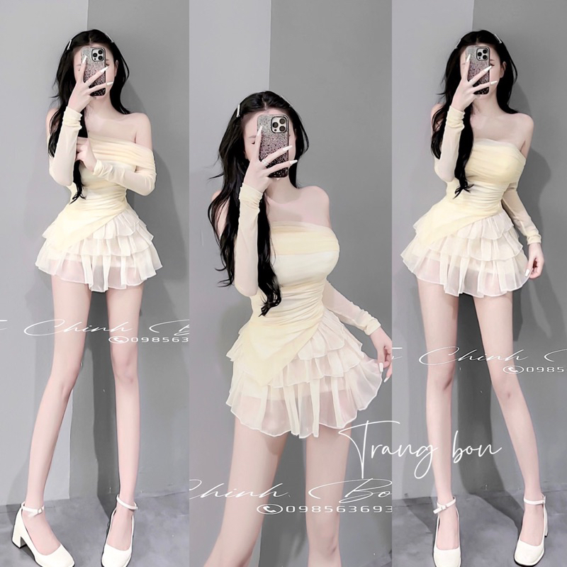 Set áo lưới trễ vai chân váy tơ tầng tiểu thư