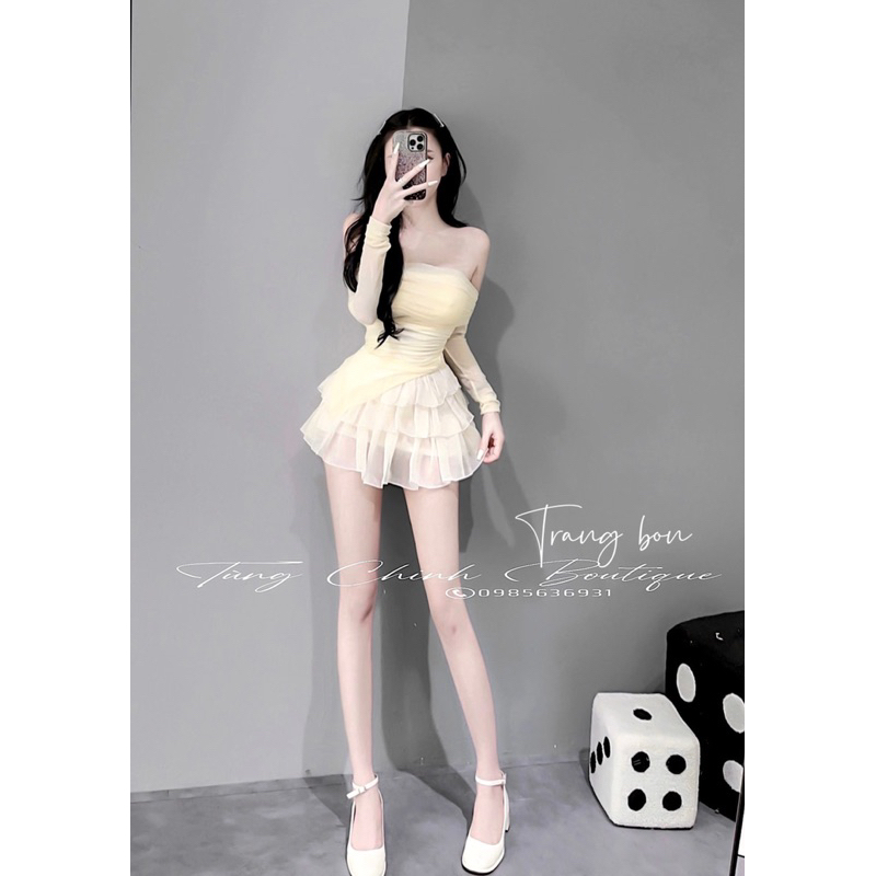 Set áo lưới trễ vai chân váy tơ tầng tiểu thư