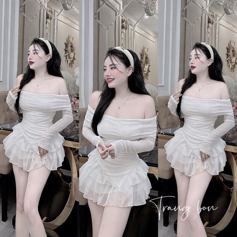 Set áo lưới trễ vai chân váy tơ tầng tiểu thư