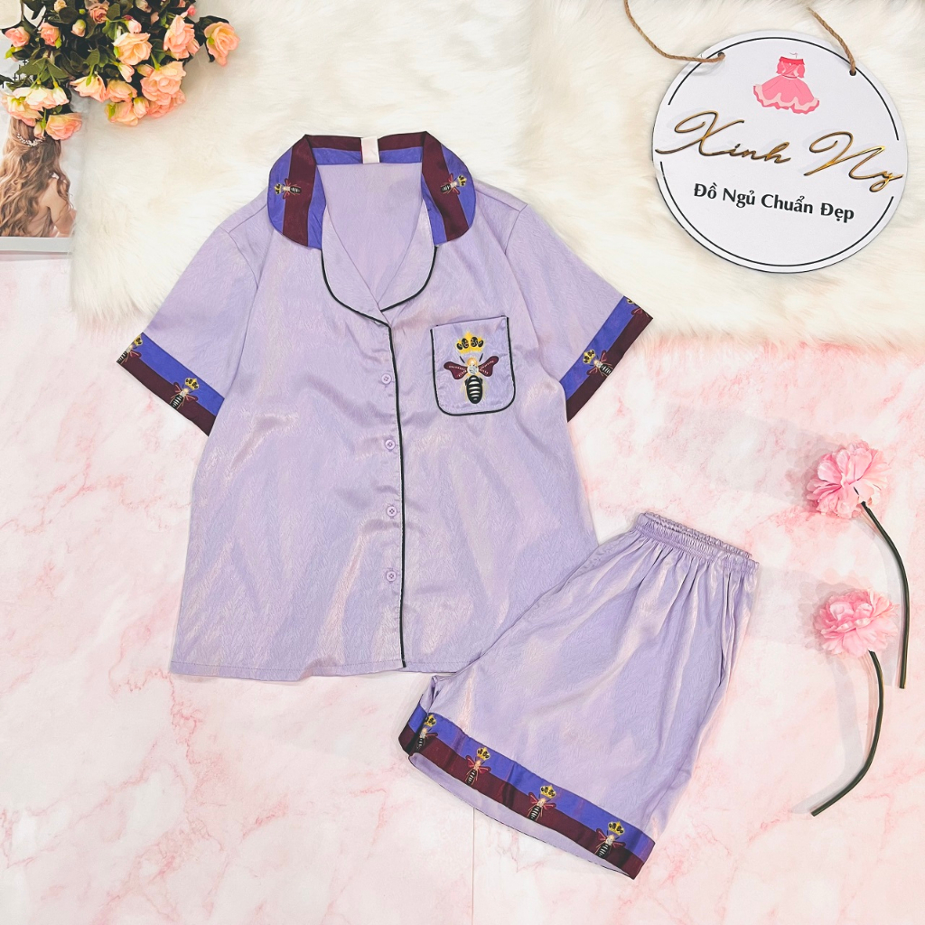 Đồ ngủ pijama quần đùi lụa xướt ánh kim cao cấp in họa tiết ong