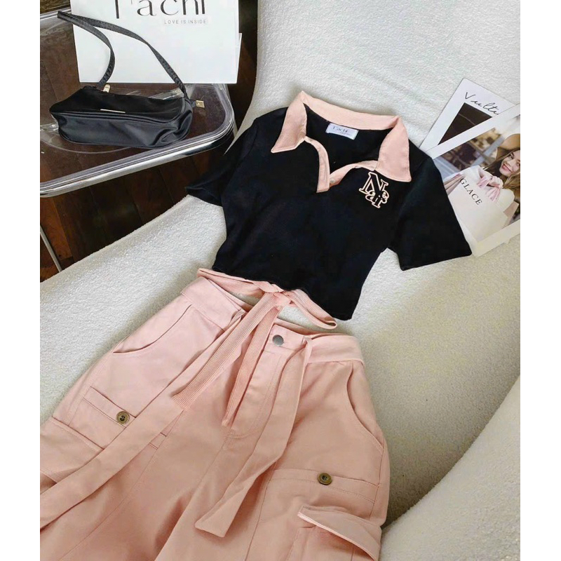 SÉT BỘ QUẦN KAKI TÚI HỘP KÈM ÁO THUN CỔ TRỤ THÊU  MÀU Y HÌNH  Hack Dáng Siêu Đỉnh