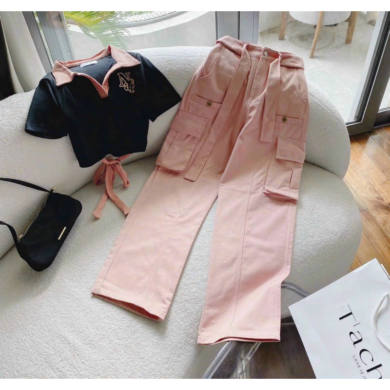 SÉT BỘ QUẦN KAKI TÚI HỘP KÈM ÁO THUN CỔ TRỤ THÊU  MÀU Y HÌNH  Hack Dáng Siêu Đỉnh