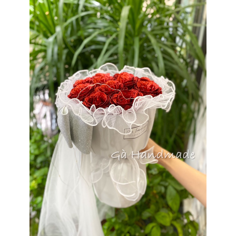 Bó hoa nhũ phối nơ bản to lấp lánh kèm voan rủ công chúa tặng bạn gái, người yêu, em gái/ Gà Handmade