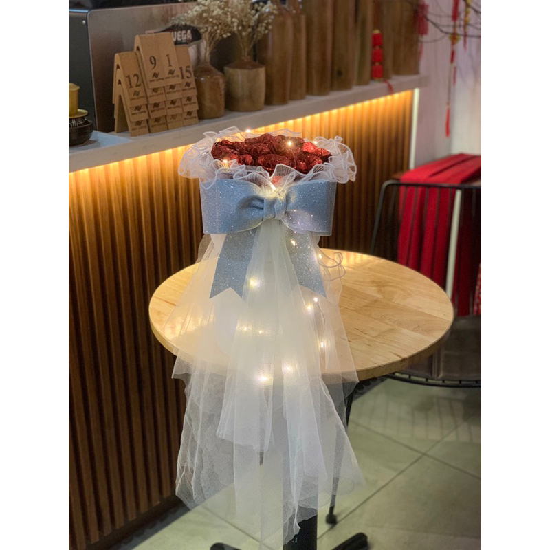 Bó hoa nhũ phối nơ bản to lấp lánh kèm voan rủ công chúa tặng bạn gái, người yêu, em gái/ Gà Handmade