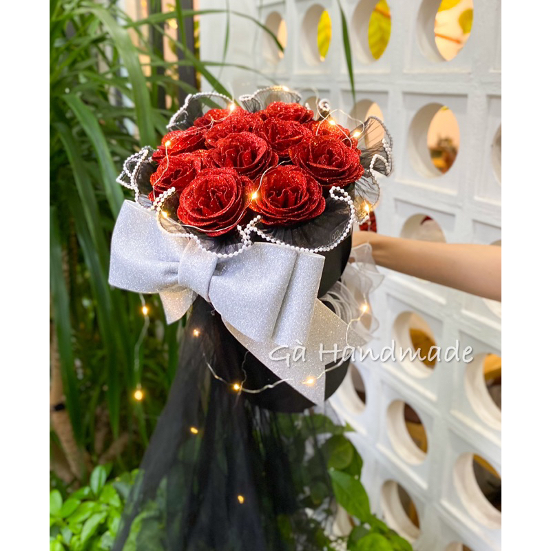 Bó hoa nhũ phối nơ bản to lấp lánh kèm voan rủ công chúa tặng bạn gái, người yêu, em gái/ Gà Handmade