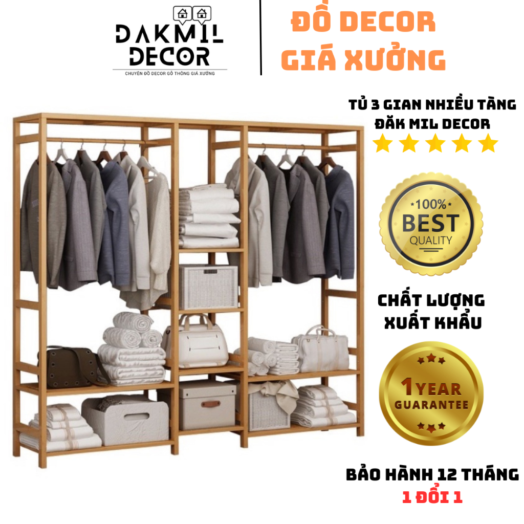 Kệ/Tủ Treo Quần Áo Nhiều Ngăn Đa Năng 3 Gian 2 Tầng Cao 1M7, Tủ Treo Quần Áo Gỗ Thông Nhập Khẩu