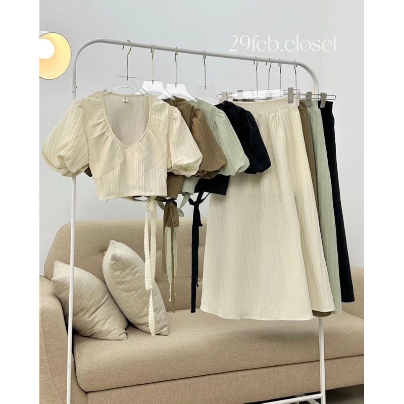 SET VÁY XÒE ĐŨI GÂN TIỂU THƯ yena.closet - Set 2 món áo nhún cổ V croptop buộc nơ sau kèm chân váy midi tiểu thư ulzzang