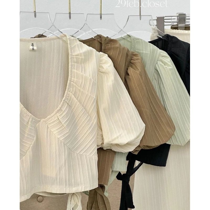 SET VÁY XÒE ĐŨI GÂN TIỂU THƯ yena.closet - Set 2 món áo nhún cổ V croptop buộc nơ sau kèm chân váy midi tiểu thư ulzzang