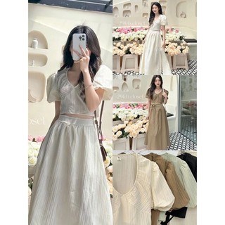 Set váy xòe đũi gân tiểu thư yena.closet - set 2 món áo nhún cổ v croptop buộc nơ sau kèm chân váy midi tiểu thư ulzzang