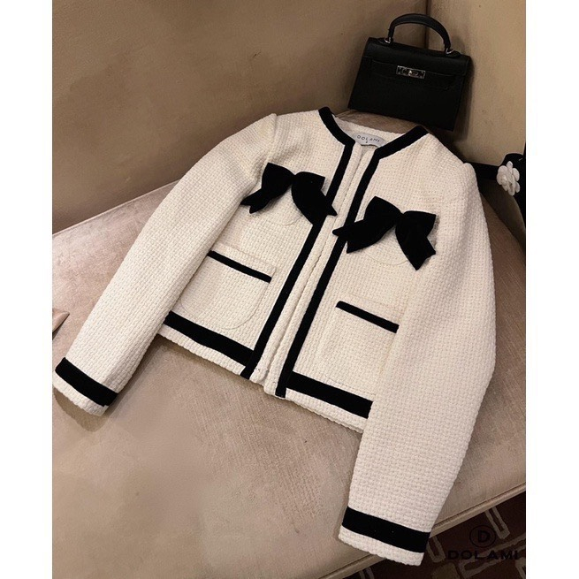 Áo khoác dạ tweed Quảng Châu màu kem thiết kế tay dài tiểu thư siêu xinh, Áo kiểu nữ dự tiệc sang trọng rẻ đẹp