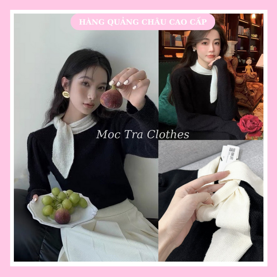 Áo len nữ nơ cổ tiểu thư Quảng Châu thiết kế dài tay thu đông siêu xinh, Áo công sở nữ trẻ trung rẻ đẹp mùa đông