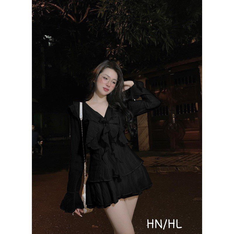 Sét áo tơ bèo tiểu thư dài tay kèm chân váy ngắn hai lớp, Áo voan tơ bánh bèo kèm chân váy xòe_LR567