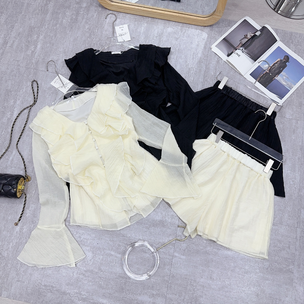 Sét áo tơ bèo tiểu thư dài tay kèm chân váy ngắn hai lớp, Áo voan tơ bánh bèo kèm chân váy xòe_LR567