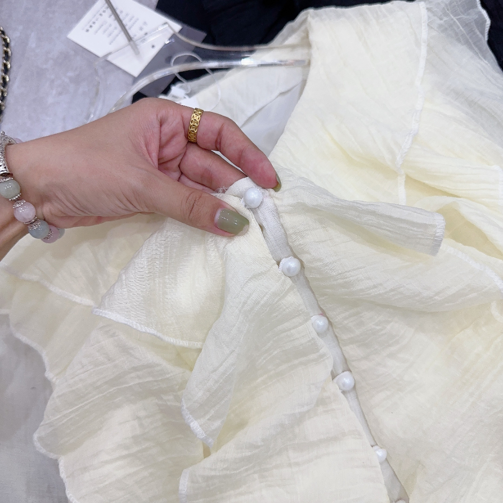 Sét áo tơ bèo tiểu thư dài tay kèm chân váy ngắn hai lớp, Áo voan tơ bánh bèo kèm chân váy xòe_LR567