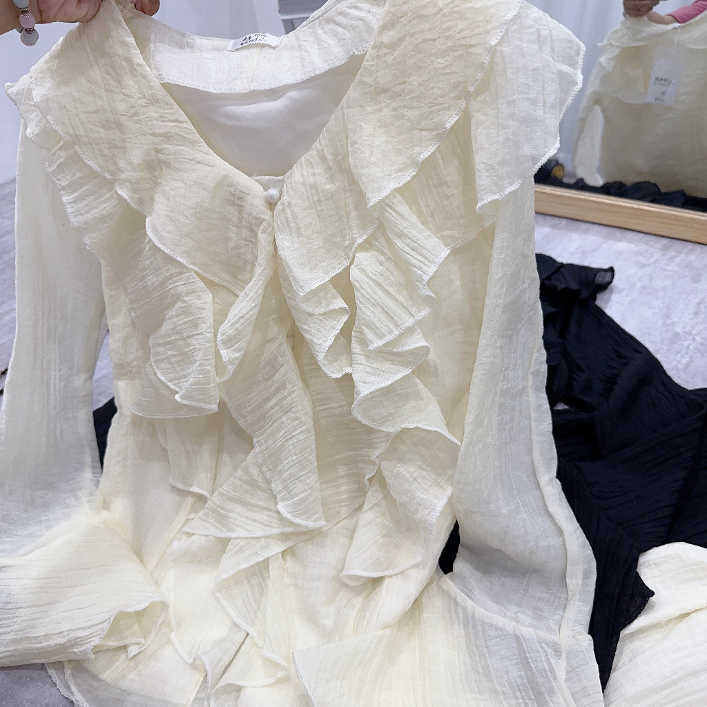 Sét áo tơ bèo tiểu thư dài tay kèm chân váy ngắn hai lớp, Áo voan tơ bánh bèo kèm chân váy xòe_LR567