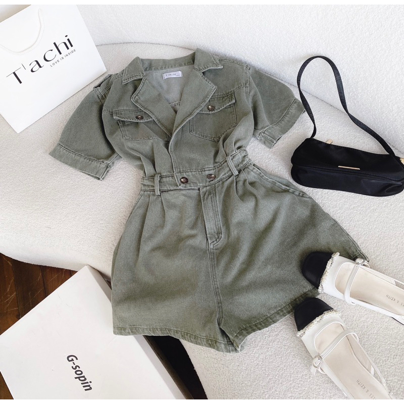 JUMSUIT KAKI RÊU CỔ SƠ MI TAY NGẮN SIÊU XINH