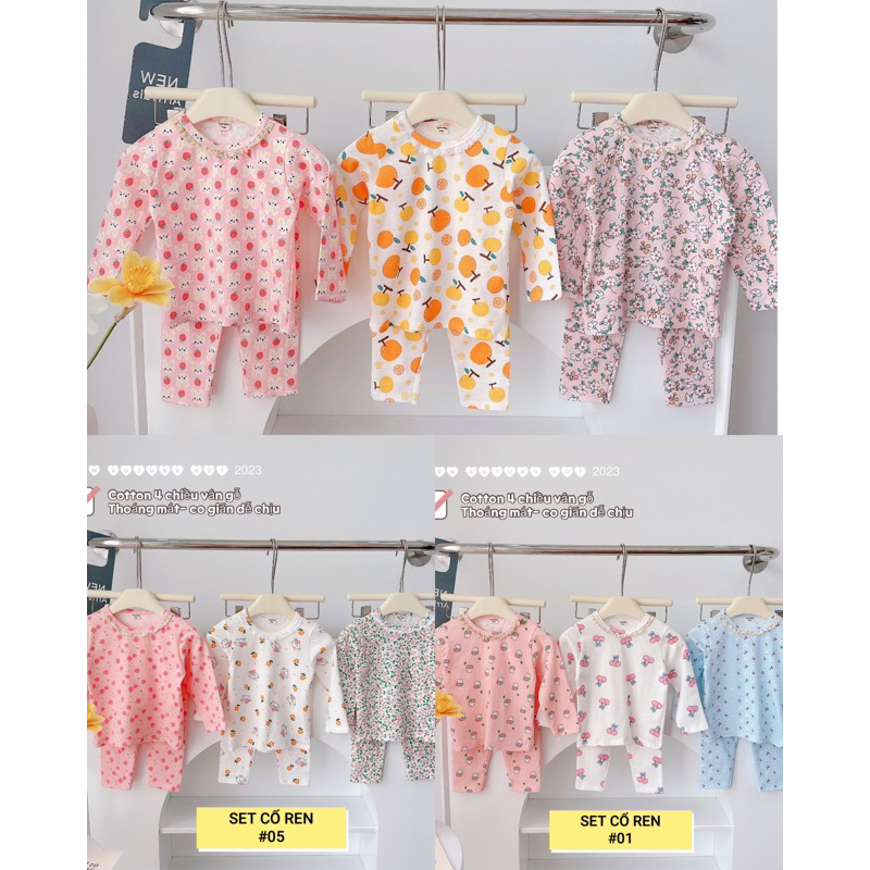 {Bảng màu 1} Sét bộ dài tay cho bé gái cổ ren tiểu thư vải cotton vân gỗ xuất dư xinh xắn