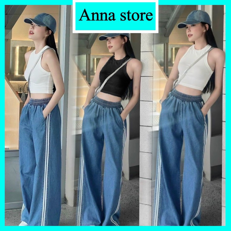 set quần jean ống rộng thể thảo viền sọc kẻ áo coptop trẻ trung cá tính siêu thoải mái